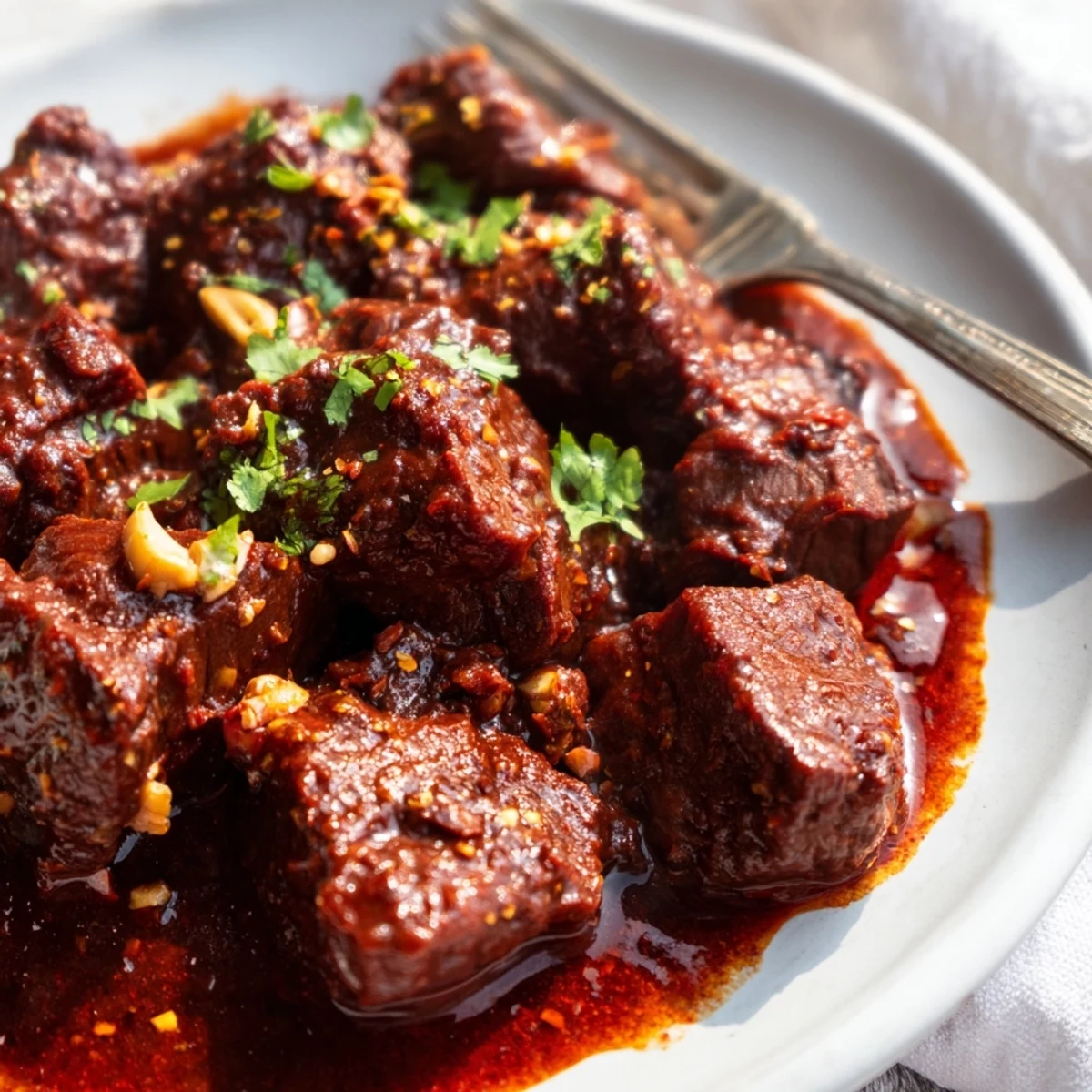 Slow Cooker Chili Colorado featuring tender beef chunks in a rich red chili sauce garnished with fresh cilantro