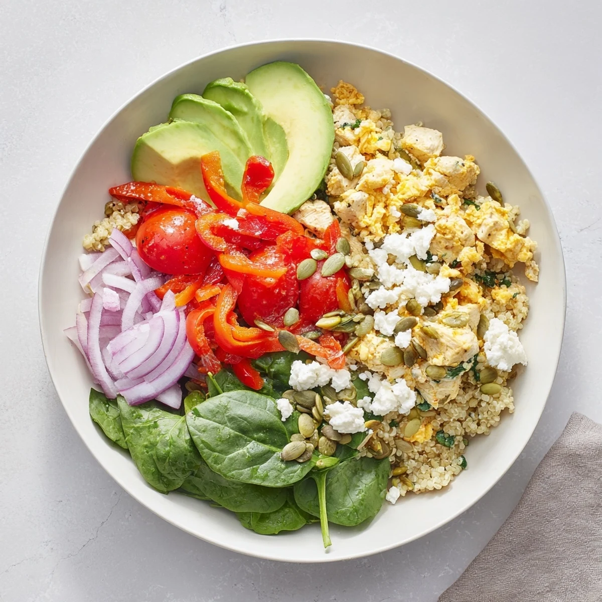 Hearty morning meal bowl packed with eggs, cottage cheese, roasted veggies, and nutritious seeds