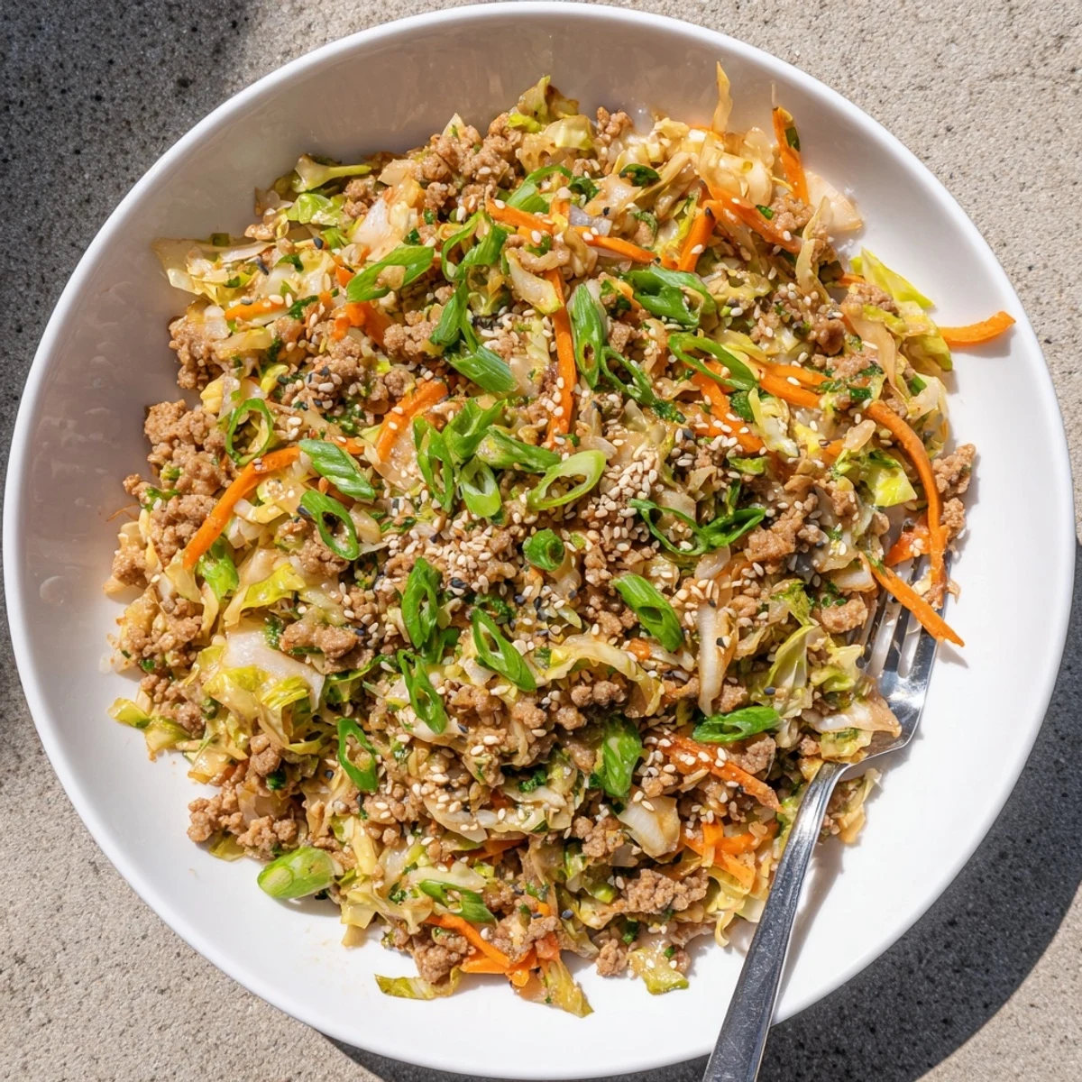 Steaming egg roll in a bowl featuring crispy coleslaw mix, seasoned pork, and sesame seed garnish on a dark plate
