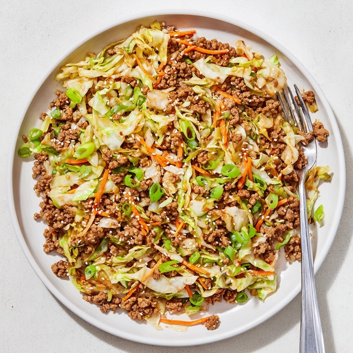 Close-up of egg roll in a bowl showcasing tender pork, colorful vegetables, and savory soy sesame sauce