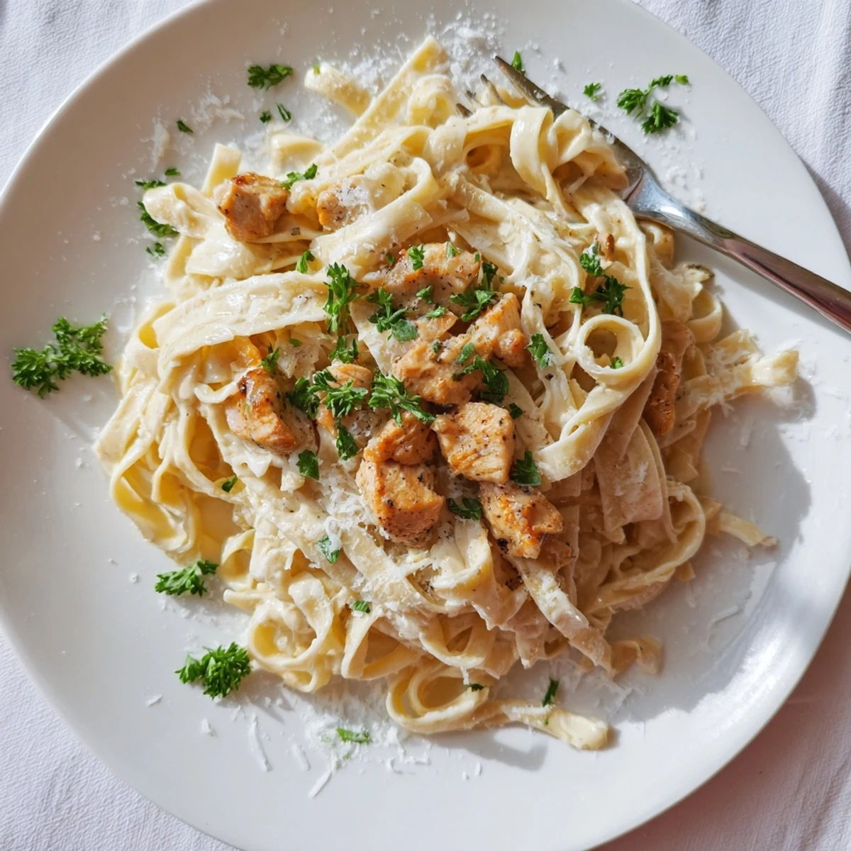 Golden chicken pieces coated in velvety garlic Parmesan sauce atop tender fettuccine pasta.
