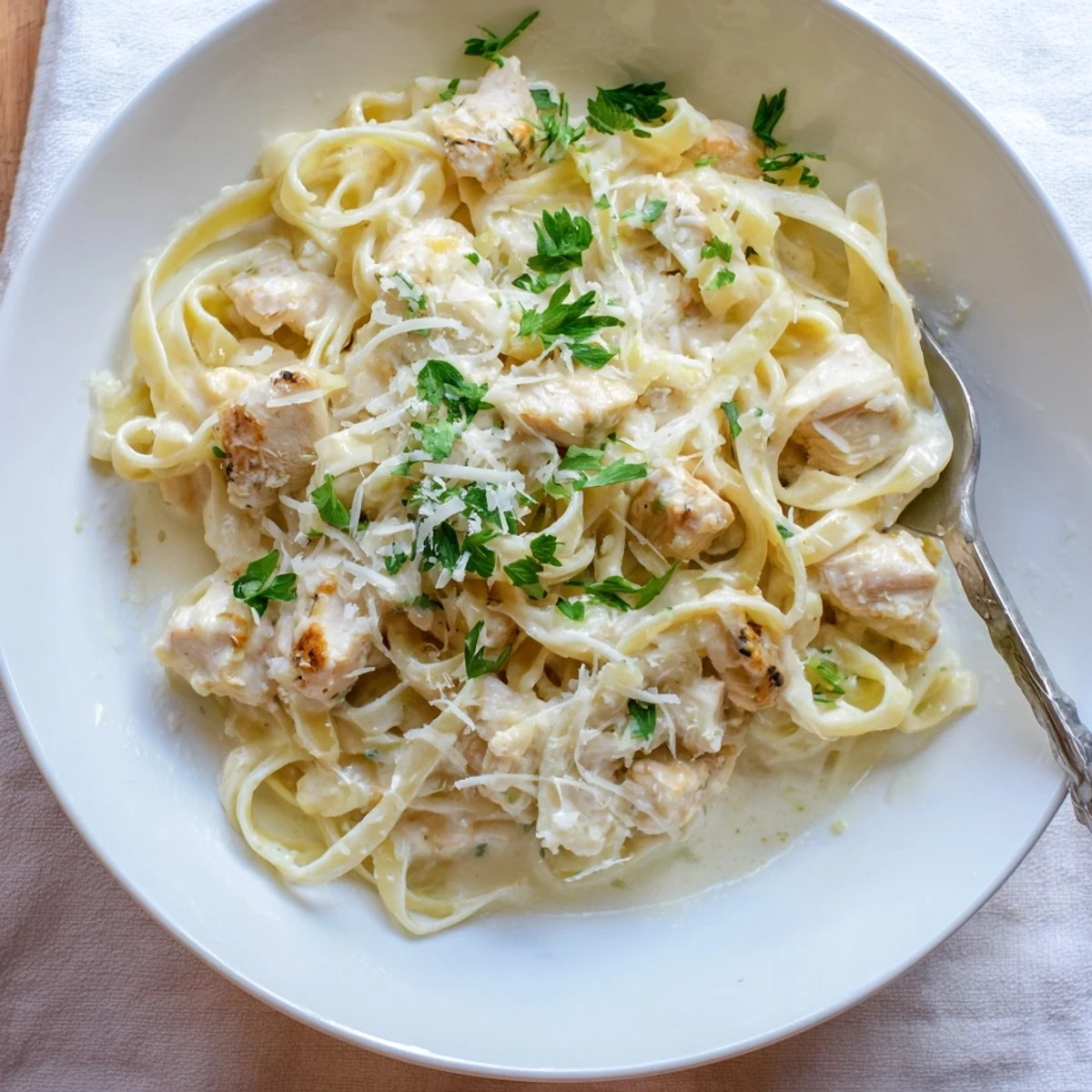 Steaming bowl of cheesy chicken pasta dusted with fresh parsley and extra Parmesan shavings.