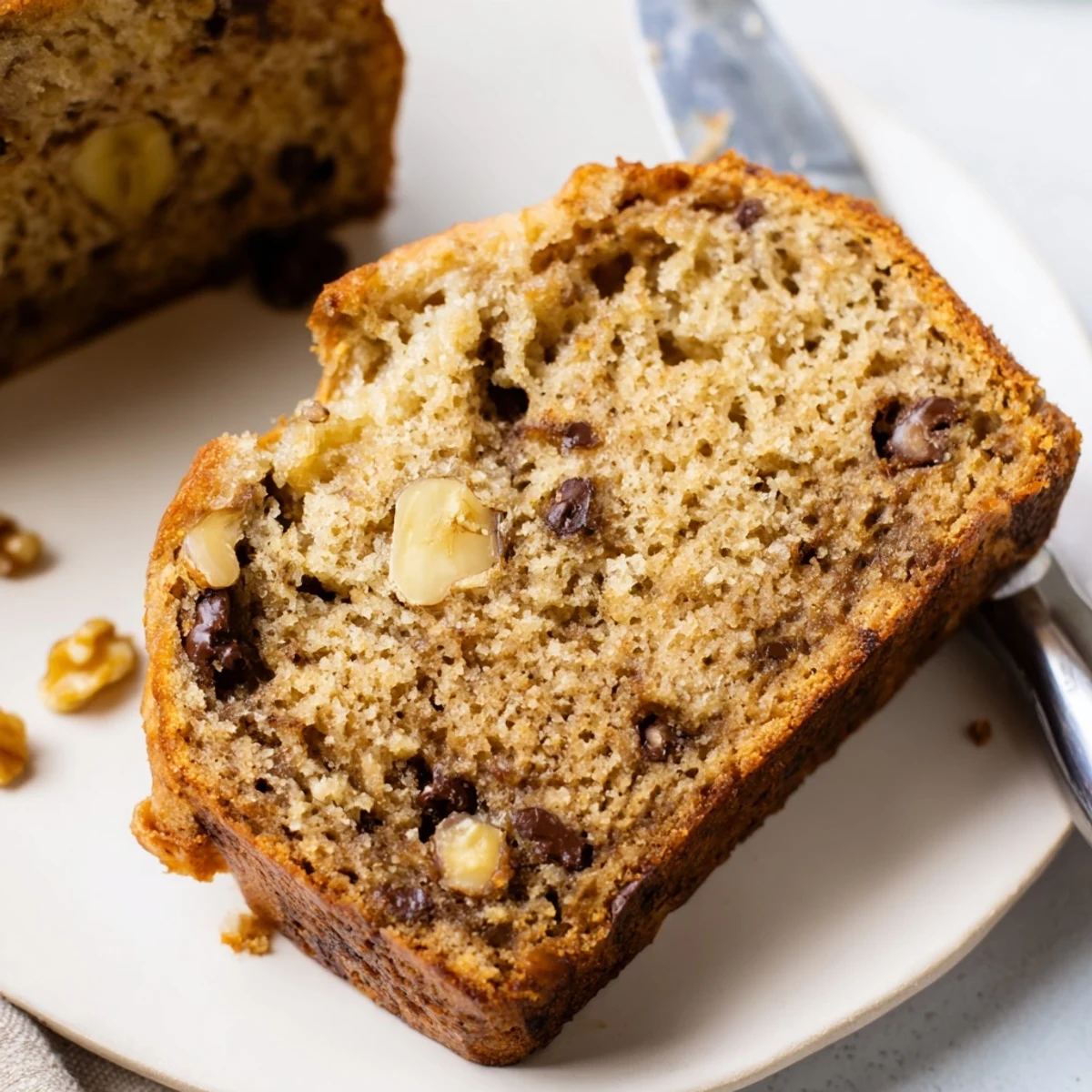 Moist keto banana bread loaf with golden brown top and sliced pieces revealing tender crumb