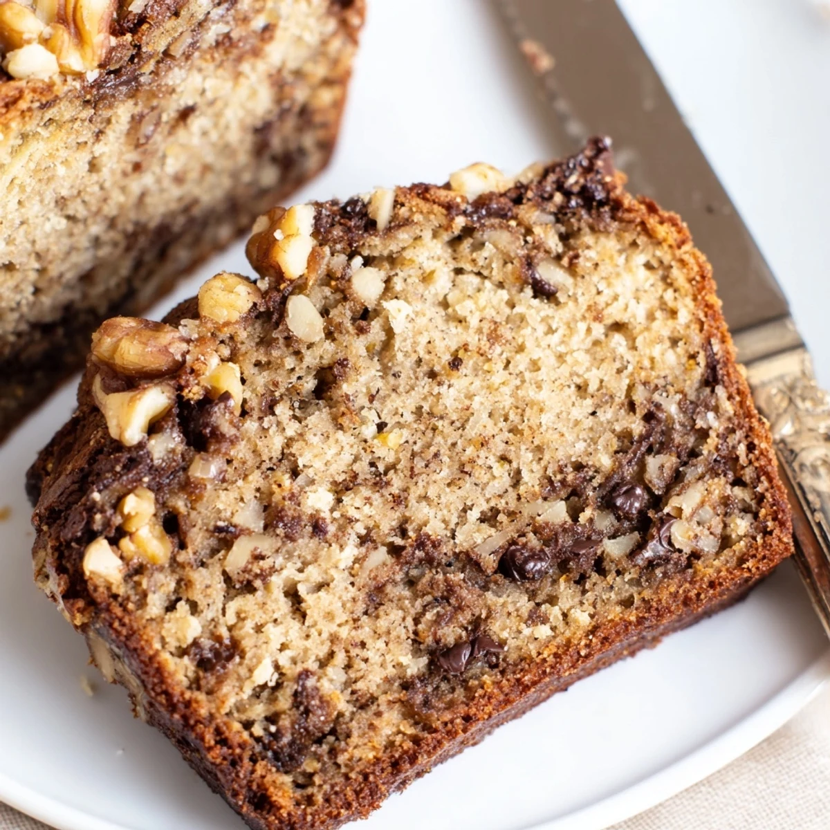 Golden grain-free keto banana bread sliced on wooden board with melting butter pat