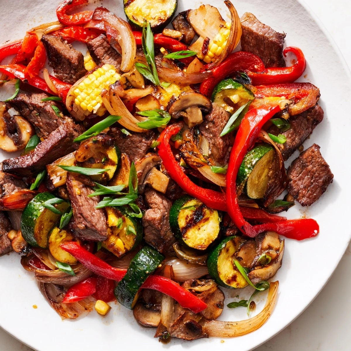 Smoky cowboy stir fry with caramelized meat and crisp-tender veggies served hot from the griddle
