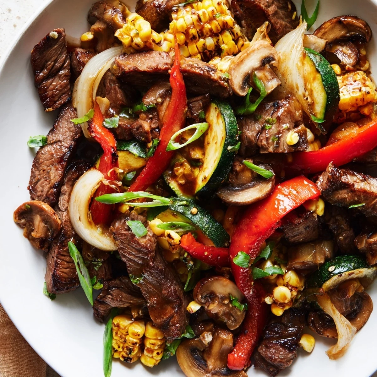 Golden seared beef and colorful vegetables sizzle on a Blackstone griddle in this hearty cowboy stir fry