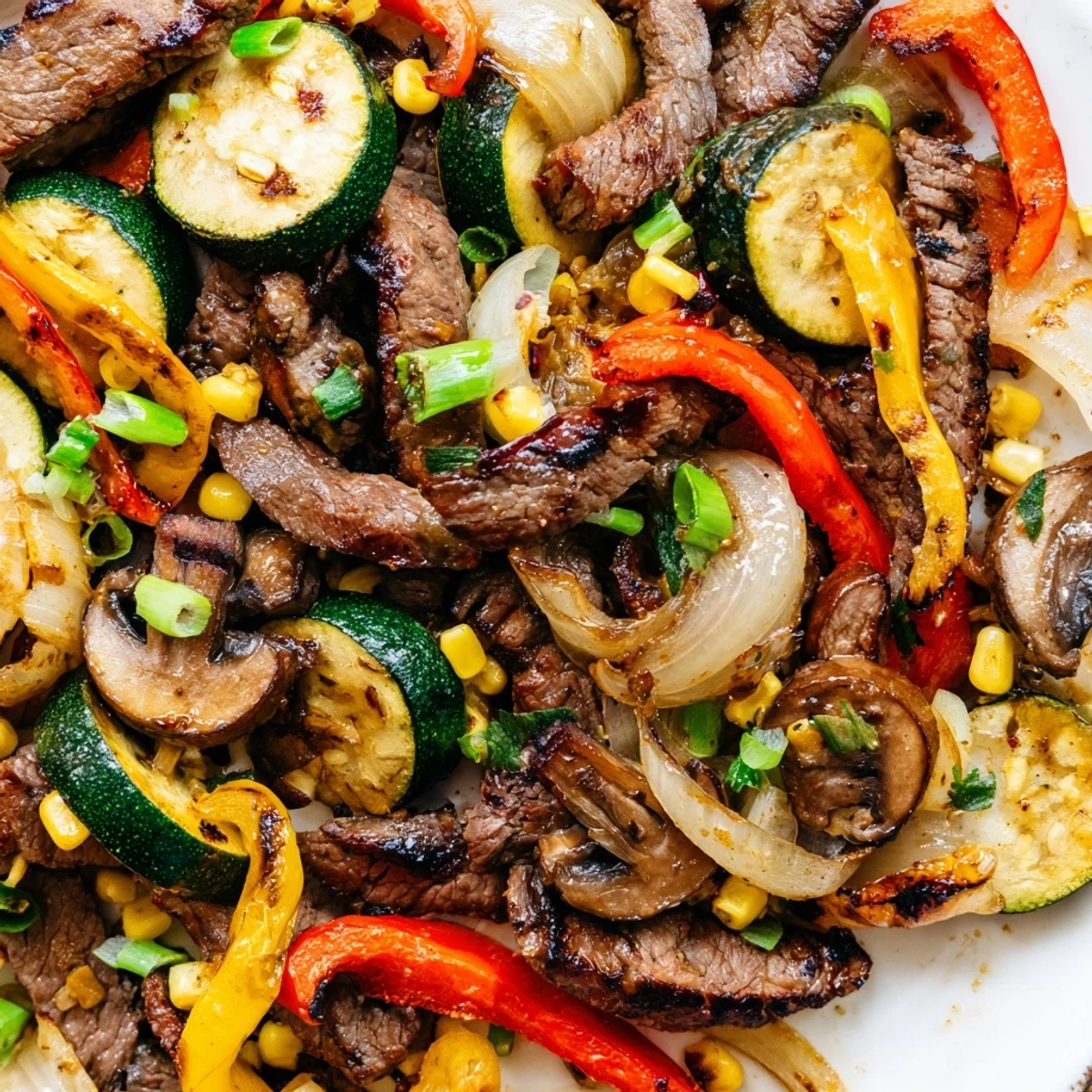 Rustic Blackstone cowboy stir fry loaded with tender steak peppers onions and corn in glossy sauce