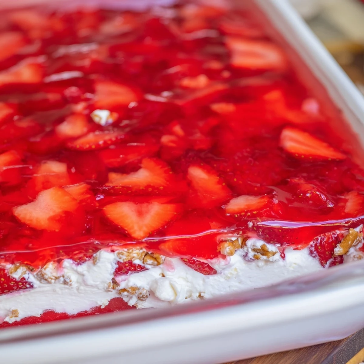 Strawberry Crackle Salad with layered pretzel crust, creamy filling, and vibrant red gelatin topped with fresh sliced berries