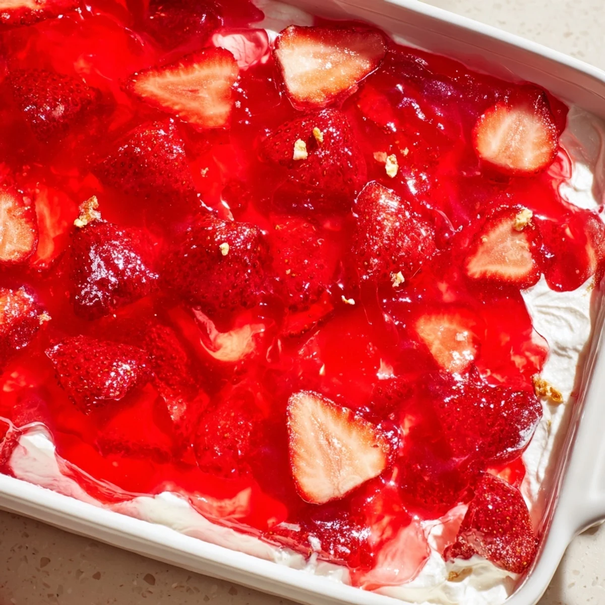Homemade Strawberry Crackle Salad dessert featuring crunchy salted pretzel base beneath smooth cream cheese and sweet strawberry gelatin layers