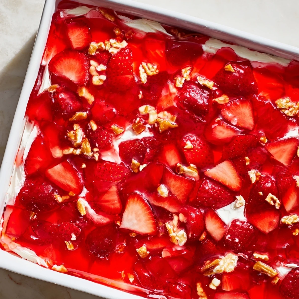 Chilled Strawberry Crackle Salad in a glass baking dish showing distinct pretzel, creamy, and fruity strawberry layers ready for serving