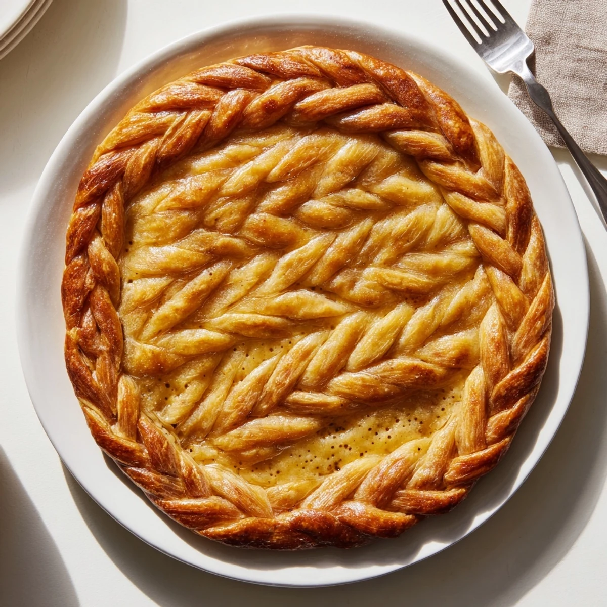 Golden brown fishtail braid pie crust with intricate woven edges on a homemade fruit pie