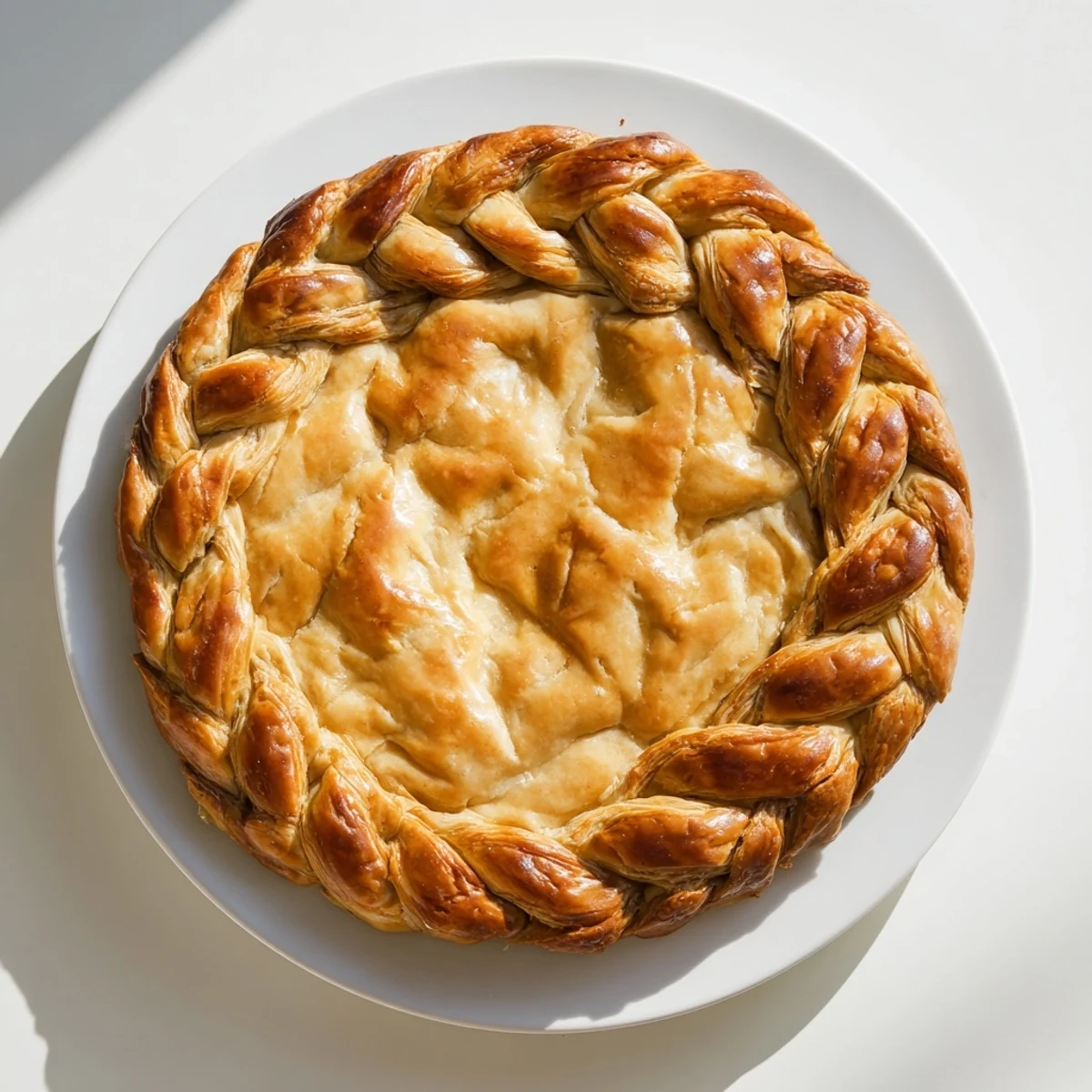 Elegant woven fishtail braid pastry crust decorated with egg wash and baked to perfection