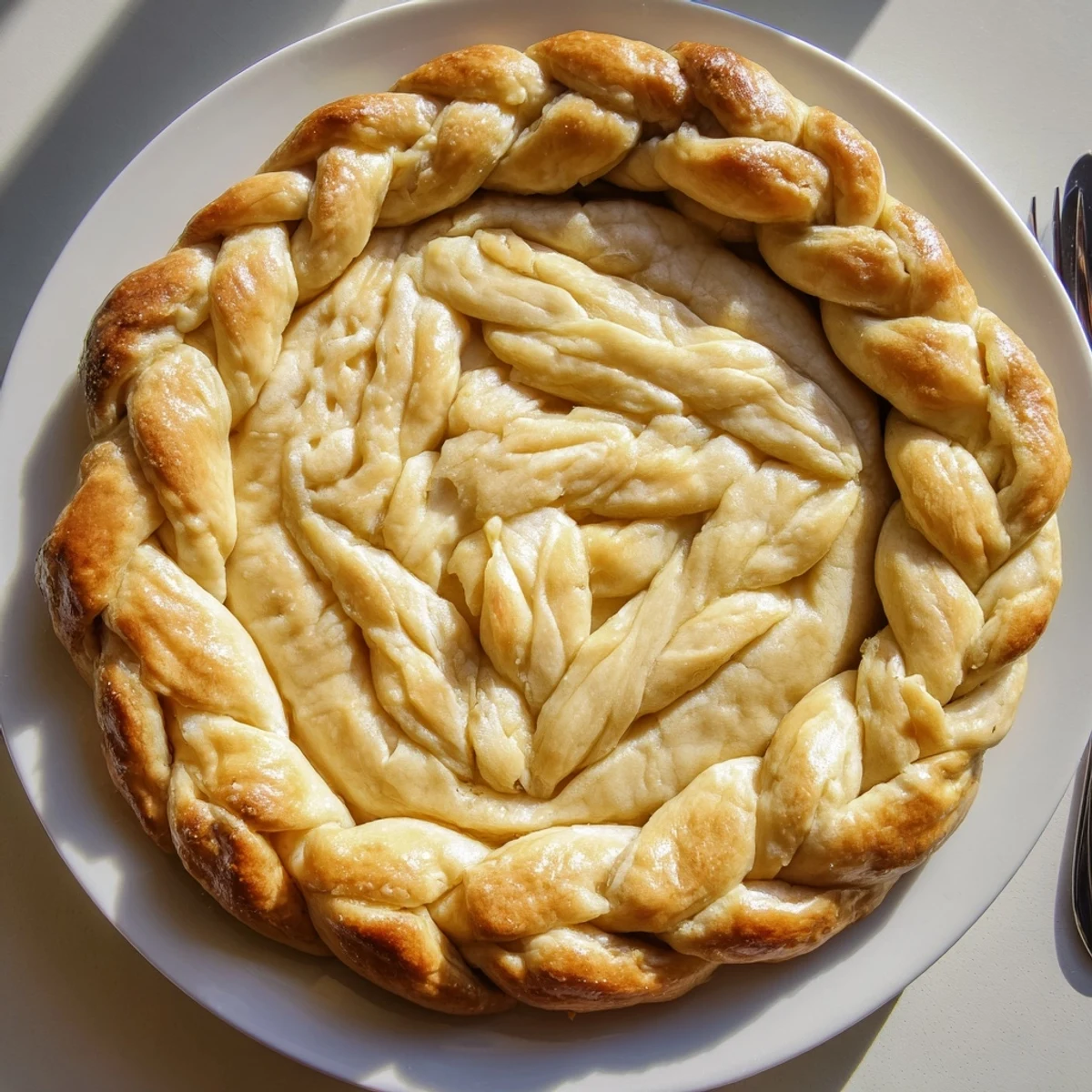 Close-up of decorative fishtail braid pie crust edge on golden flaky homemade pastry tart