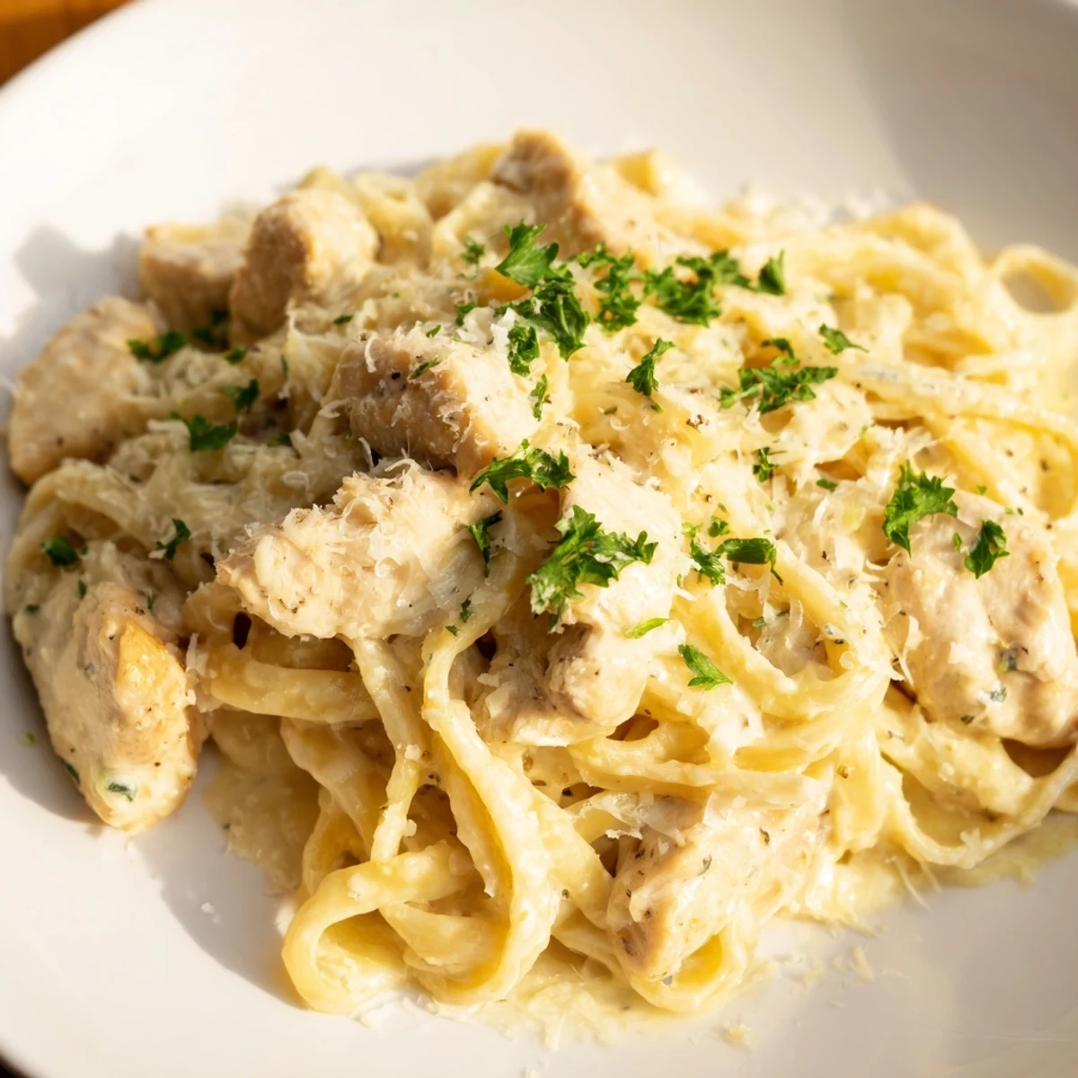Creamy Instant Pot chicken alfredo with tender pasta pieces coated in rich parmesan garlic sauce