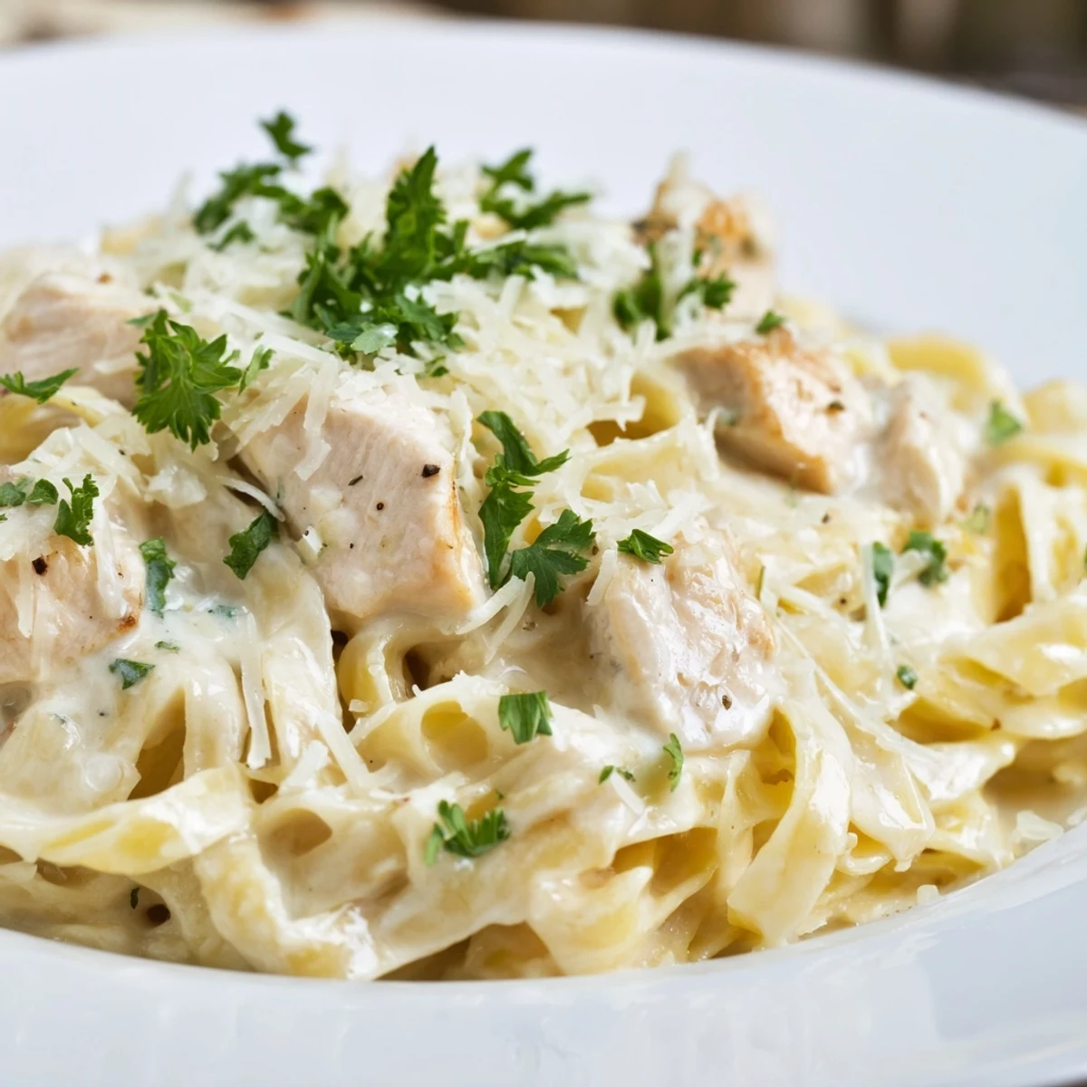 Golden chicken bites nestled in silky fettuccine alfredo finished with melted parmesan and fresh parsley