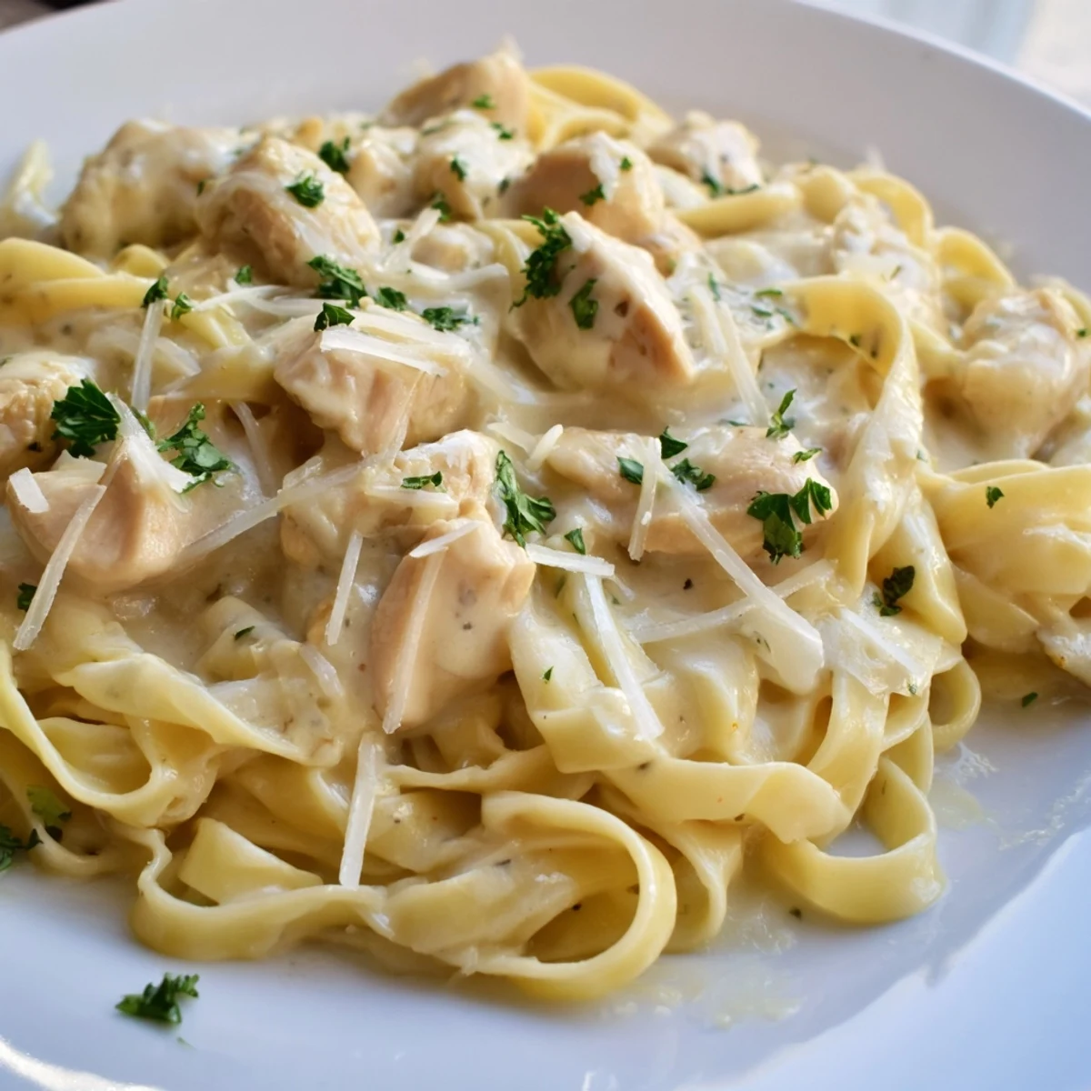 Steaming bowl of Instant Pot chicken alfredo showcasing thick white sauce clinging to every pasta strand