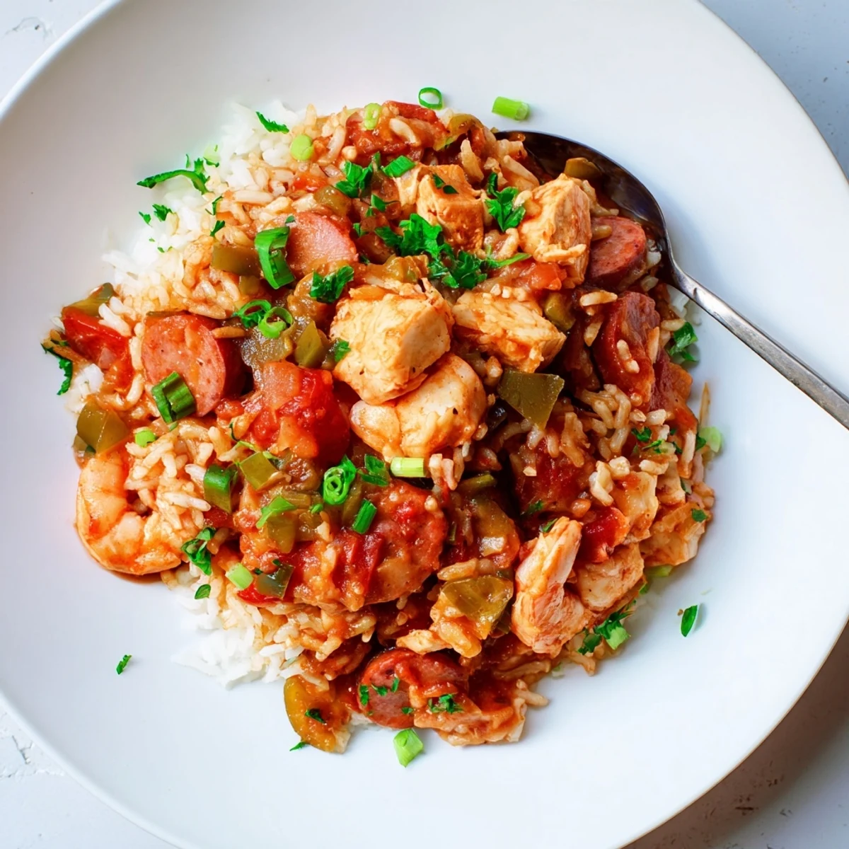 Crock Pot Jambalaya simmering with tender chicken chunks, andouille sausage slices, and colorful vegetables in a rich red broth