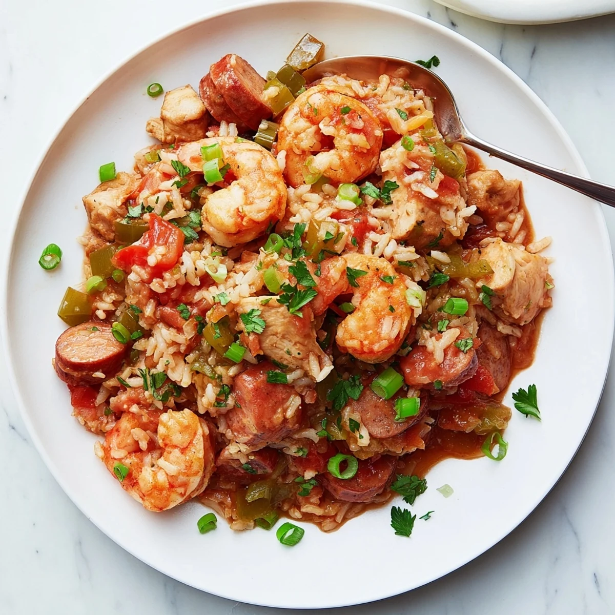 Slow cooker Jambalaya featuring fluffy white rice mixed with plump pink shrimp and smoked sausage in a savory Creole sauce