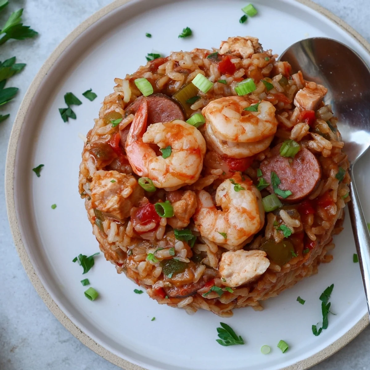 Hearty Crock Pot Jambalaya bowl topped with fresh green onions and parsley, showcasing the medley of chicken, shrimp, and andouille sausage