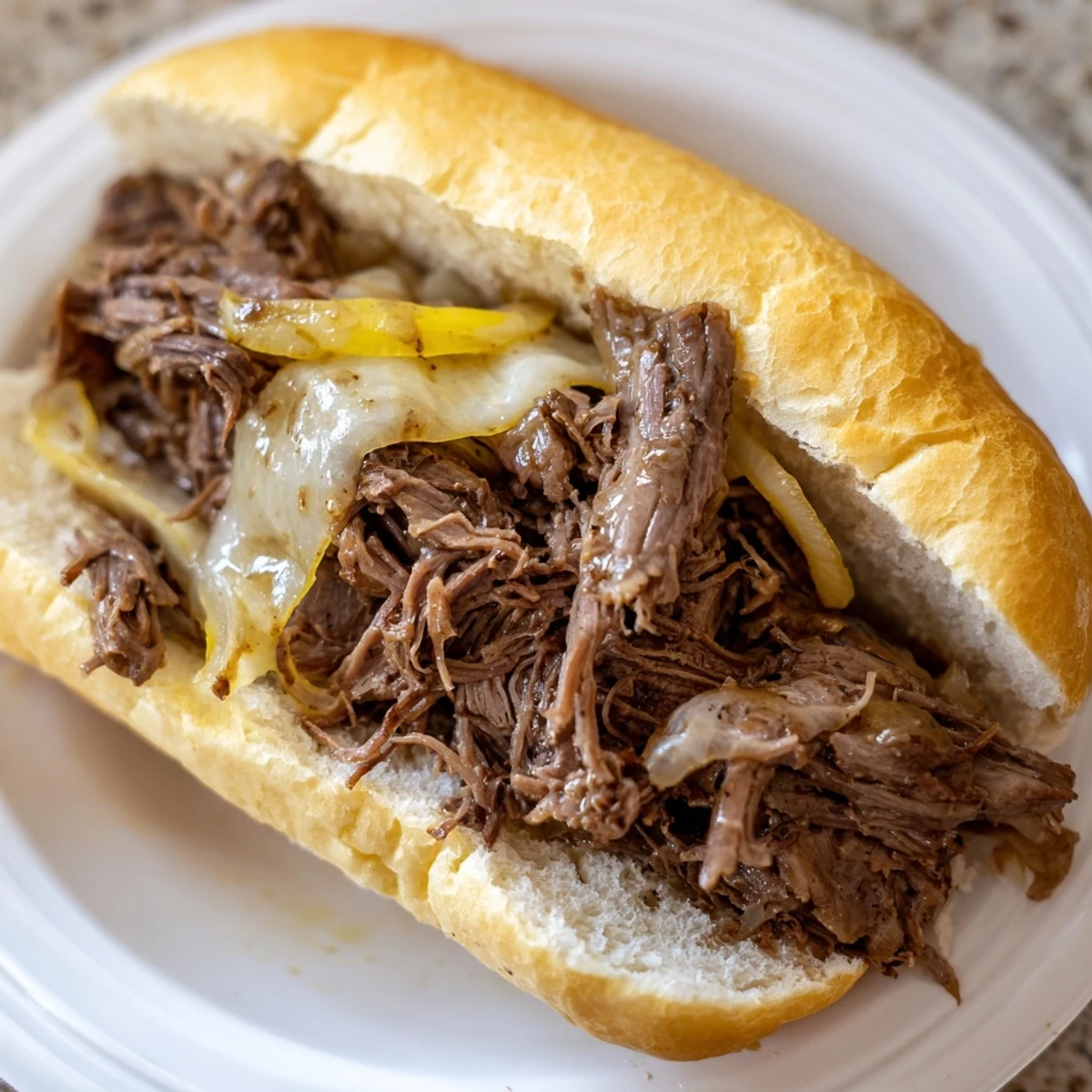 Golden Crockpot French Dip Sandwiches with melted cheese on toasted hoagie rolls alongside rich au jus for dipping
