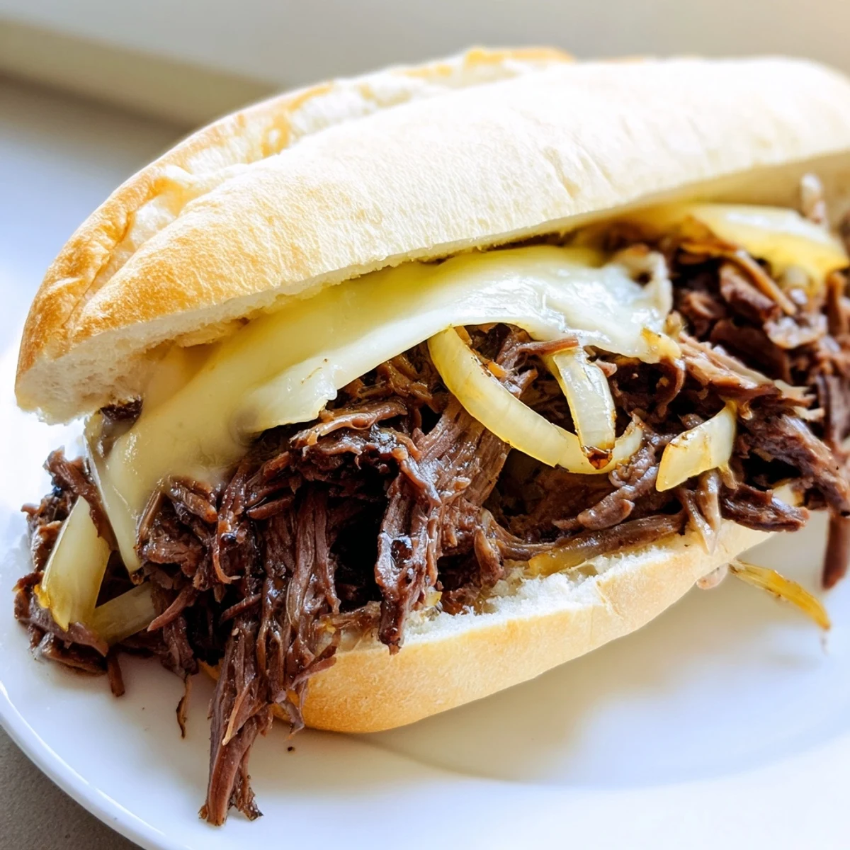 Tender shredded beef piled onto fresh rolls, these slow cooker French Dip Sandwiches offer a hearty, savory meal
