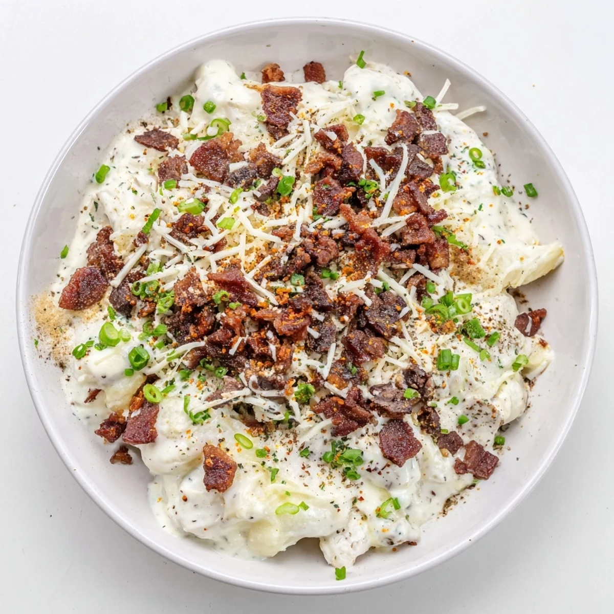 Creamy Crockpot Million Dollar Chicken topped with crispy bacon crumbles and fresh herbs