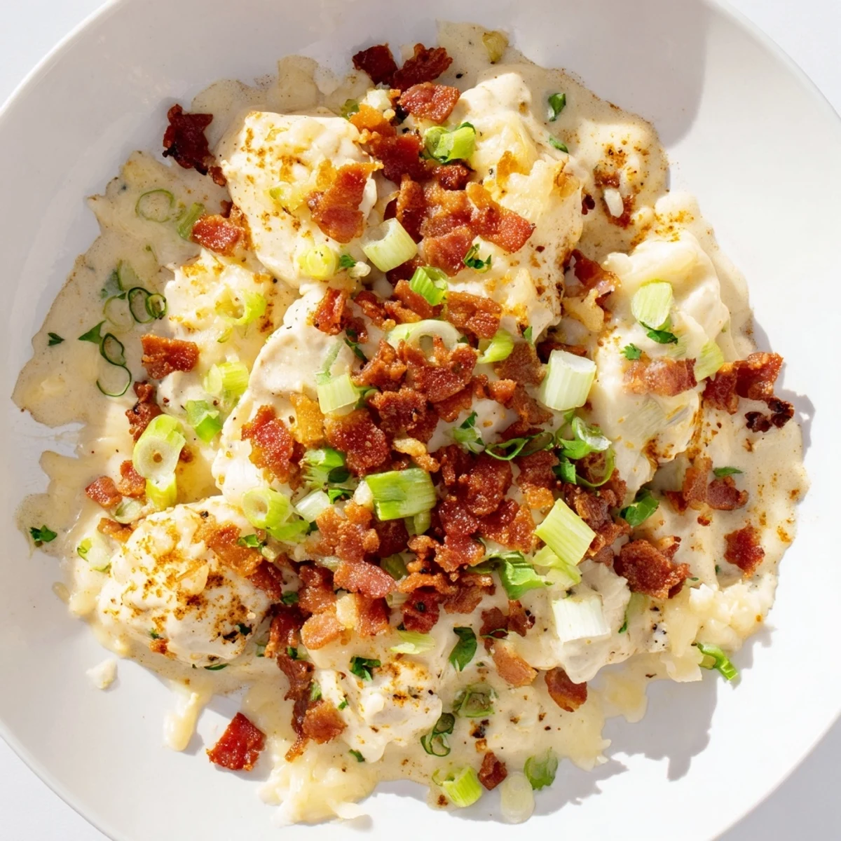 Golden slow cooked Million Dollar Chicken served hot with melted cheese and crispy garnish