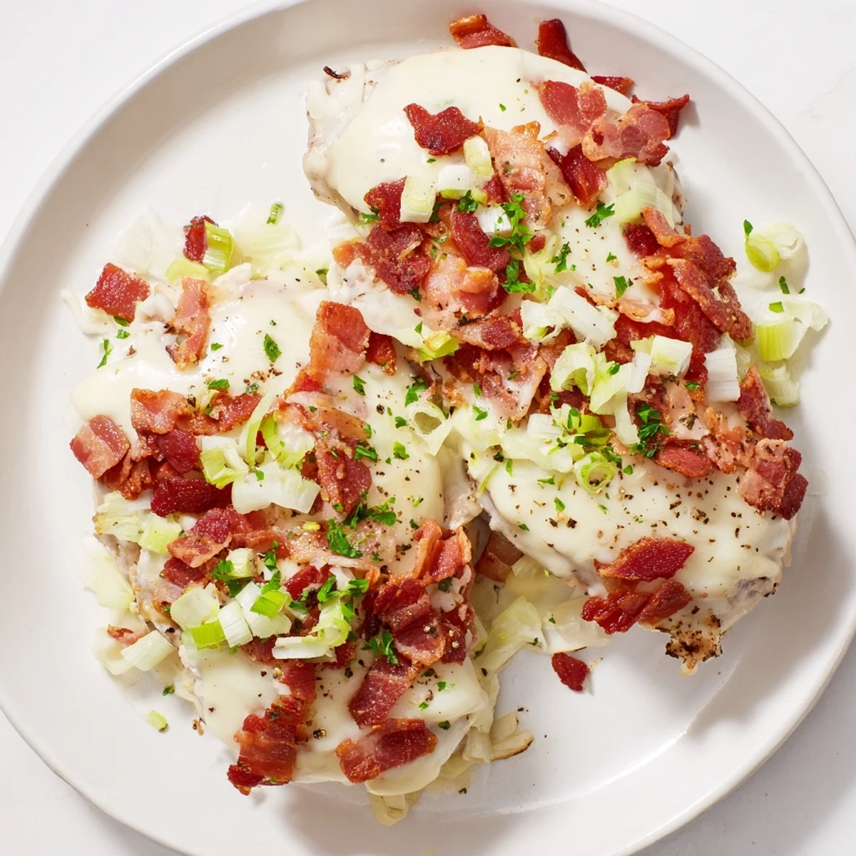 Slow cooker chicken breasts baked in rich mozzarella cream cheese sauce with savory bacon