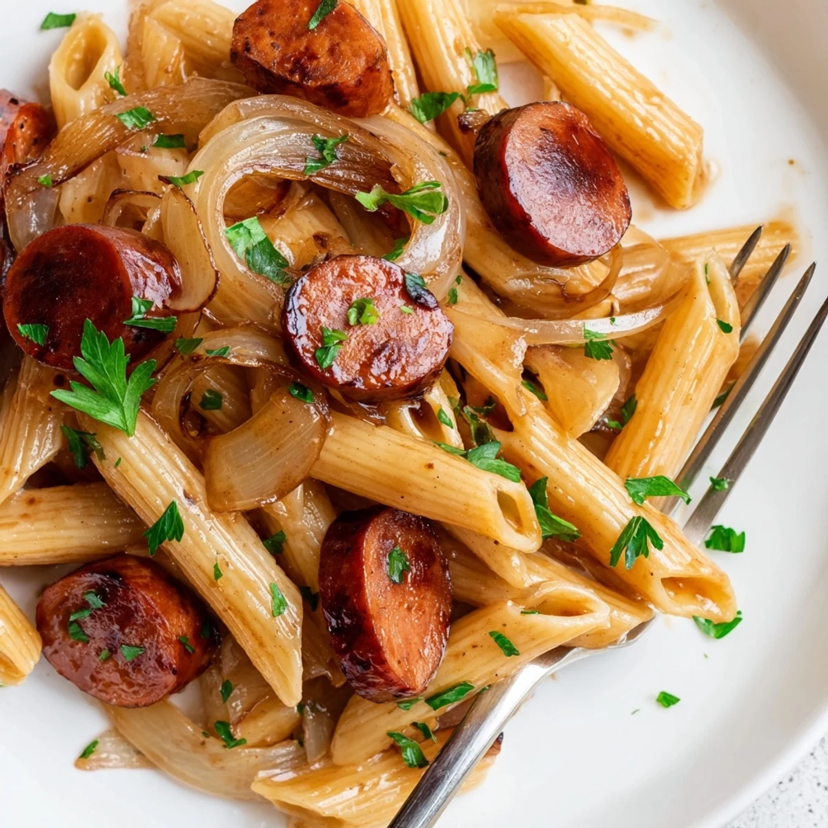 Golden brown sausage pieces and penne pasta coated in a glossy honey garlic sauce