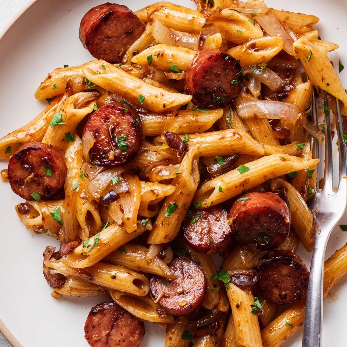 Savory pasta dish with sliced smoked sausage tossed in rich honey garlic coating