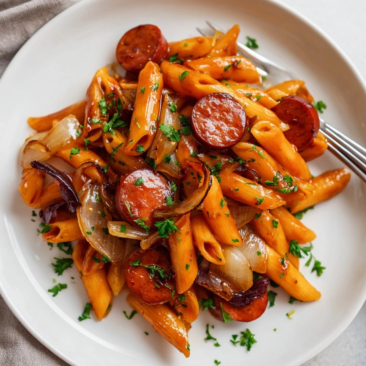 One-pan skillet meal featuring caramelized sausage and pasta drizzled with sweet sticky glaze