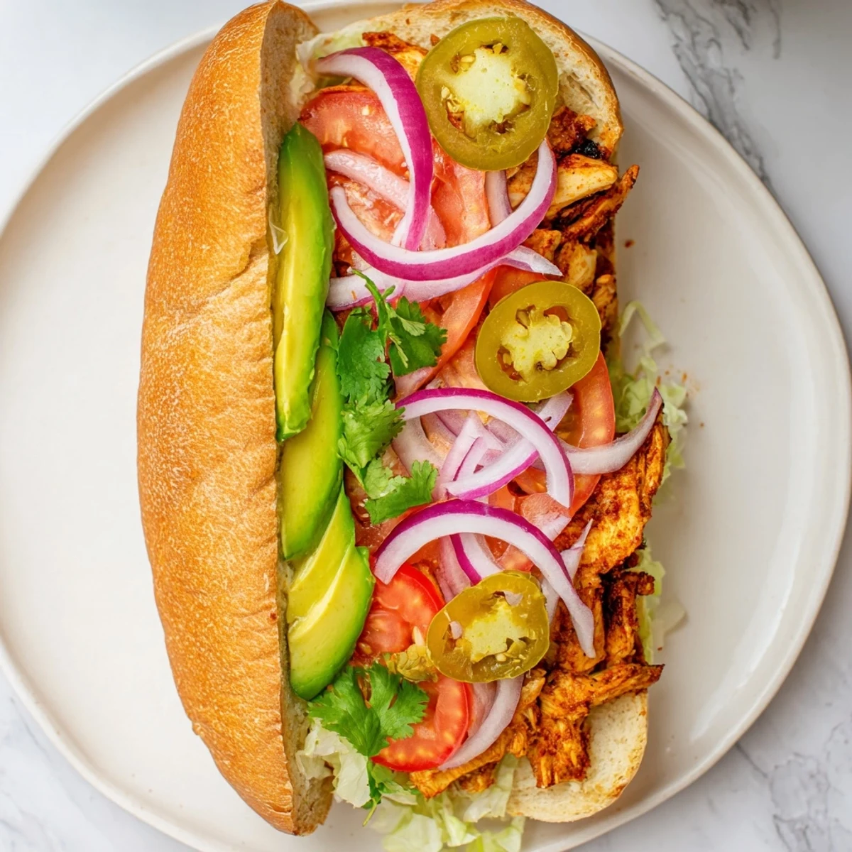 Spicy marinated chicken torta featuring refried beans, crisp lettuce, and creamy avocado on a soft Mexican sandwich roll
