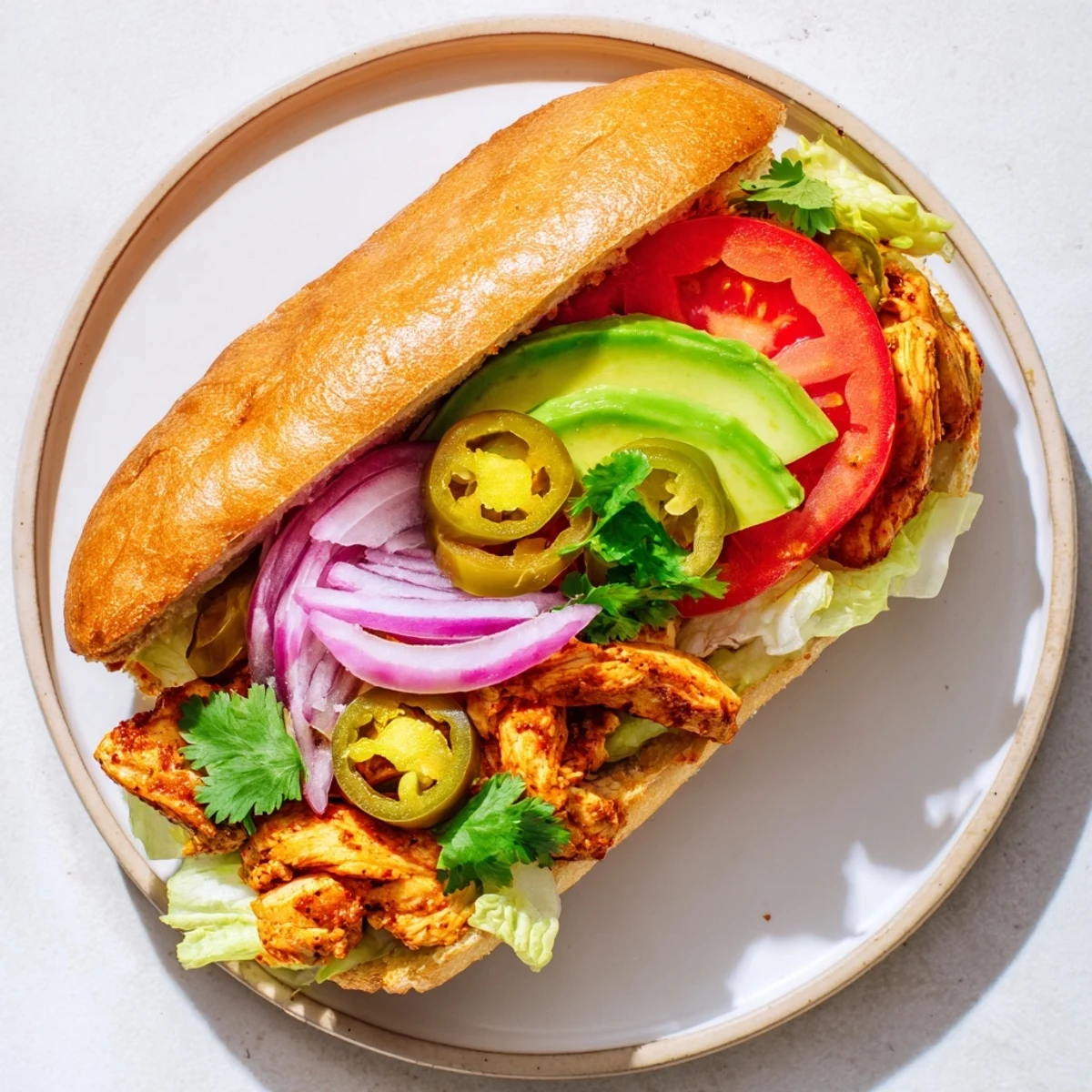 Homemade chicken torta sandwich stacked with sliced avocado, tomato, and pickled jalapeños on a toasted bolillo roll