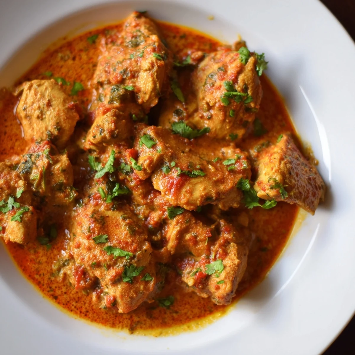 Tender chicken thighs simmered in rich tomato sauce finished with heavy cream and butter