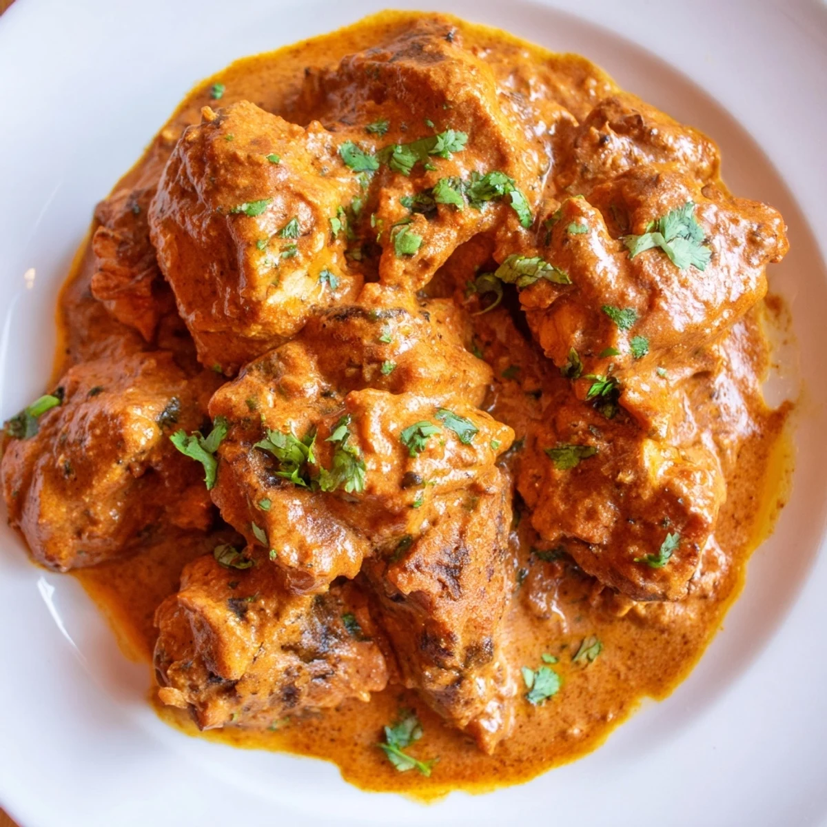 Golden spiced Instant Pot Butter Chicken bowl plated alongside warm naan bread for dipping