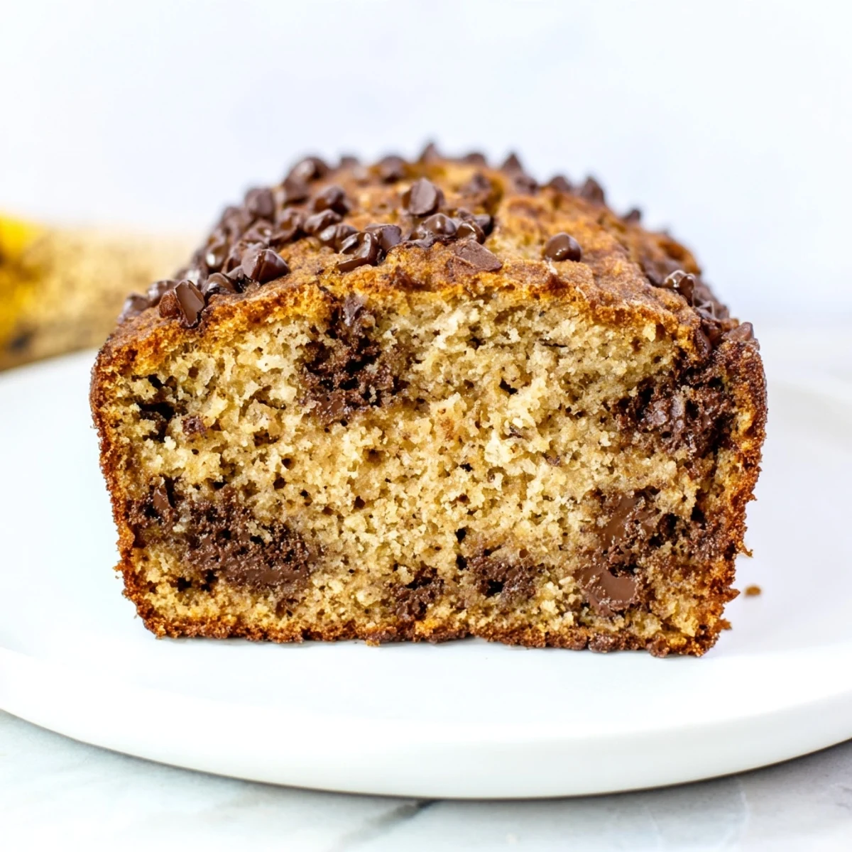 Golden chocolate chip banana bread loaf studded with melted chocolate chunks on a rustic wooden board