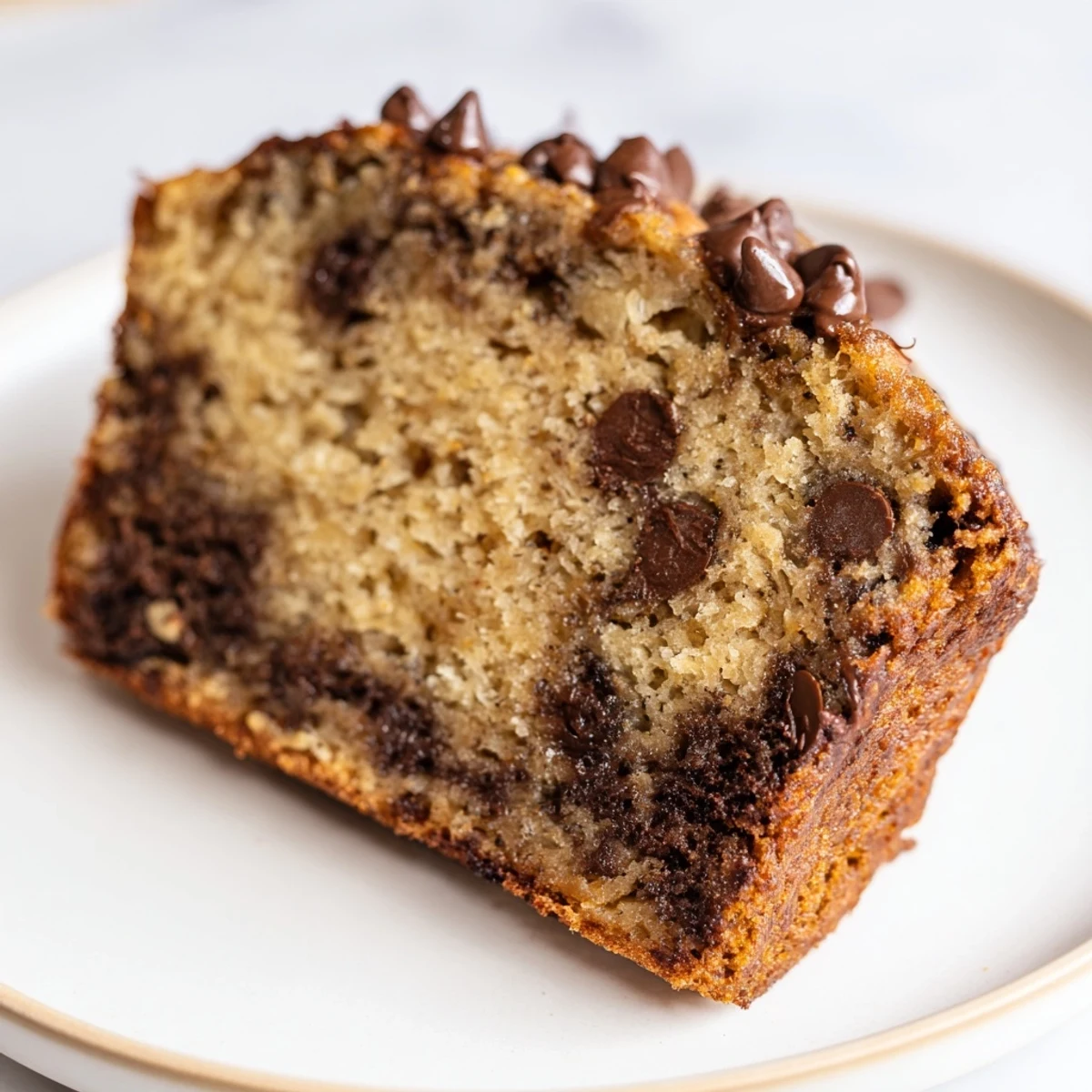 Moist homemade chocolate chip banana bread sliced to reveal tender crumbs and gooey chocolate pockets