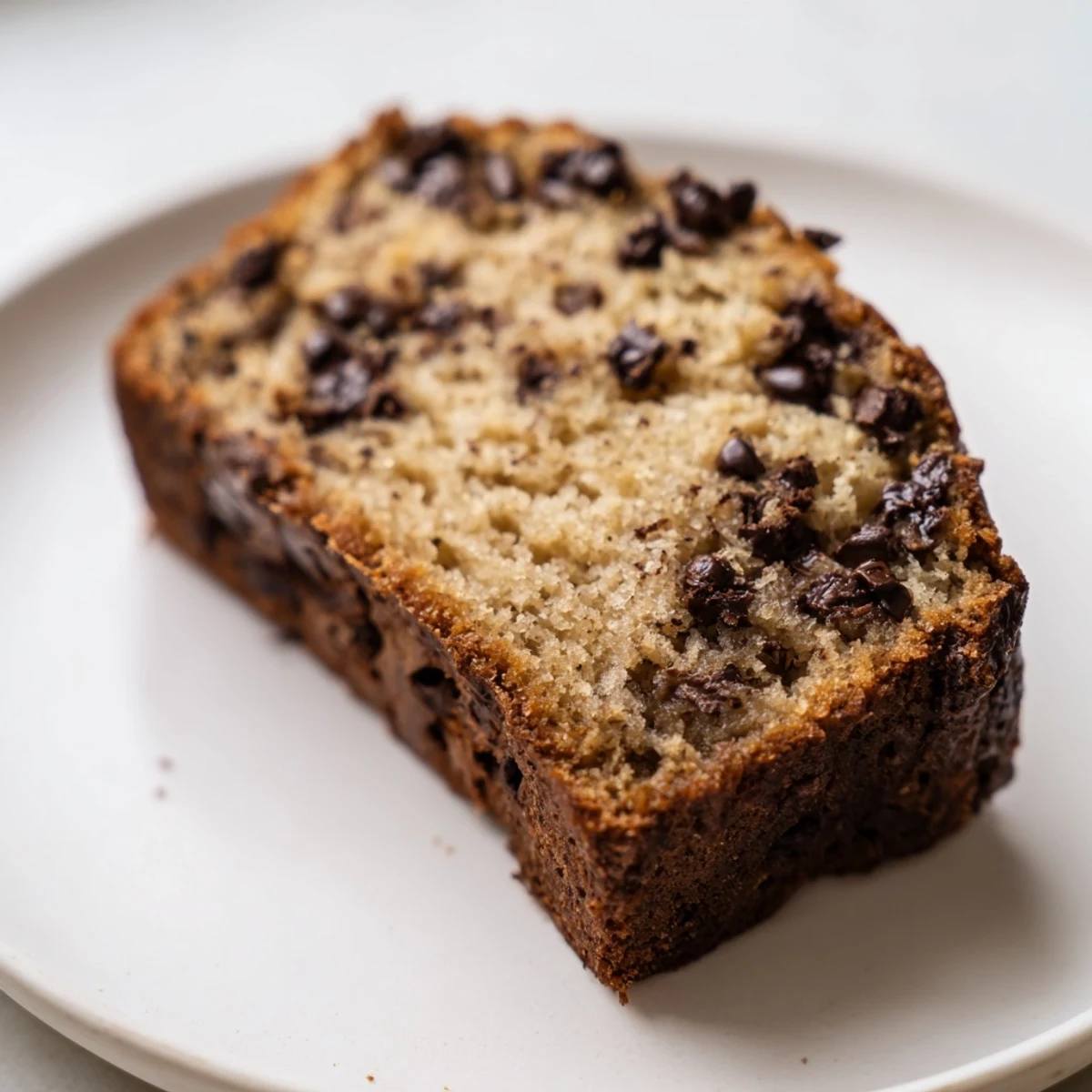 Freshly baked chocolate chip banana bread cooling on a wire rack with a golden cracked crust