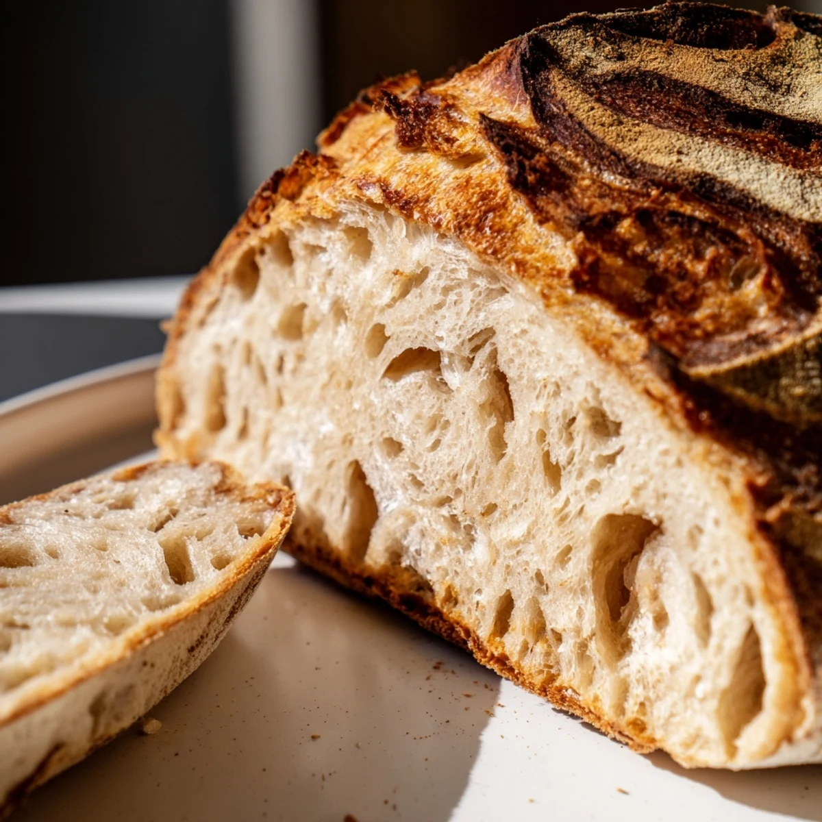 Golden brown artisan sourdough bread loaf with crackly crust sliced on wooden board