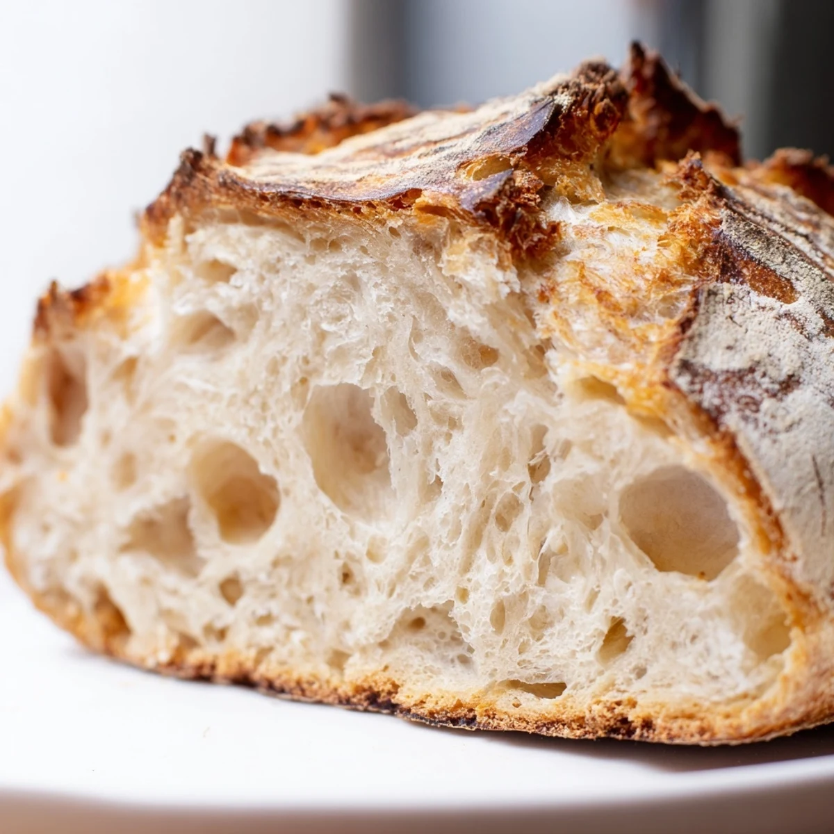 Freshly baked sourdough bread revealing airy crumb structure and chewy texture inside