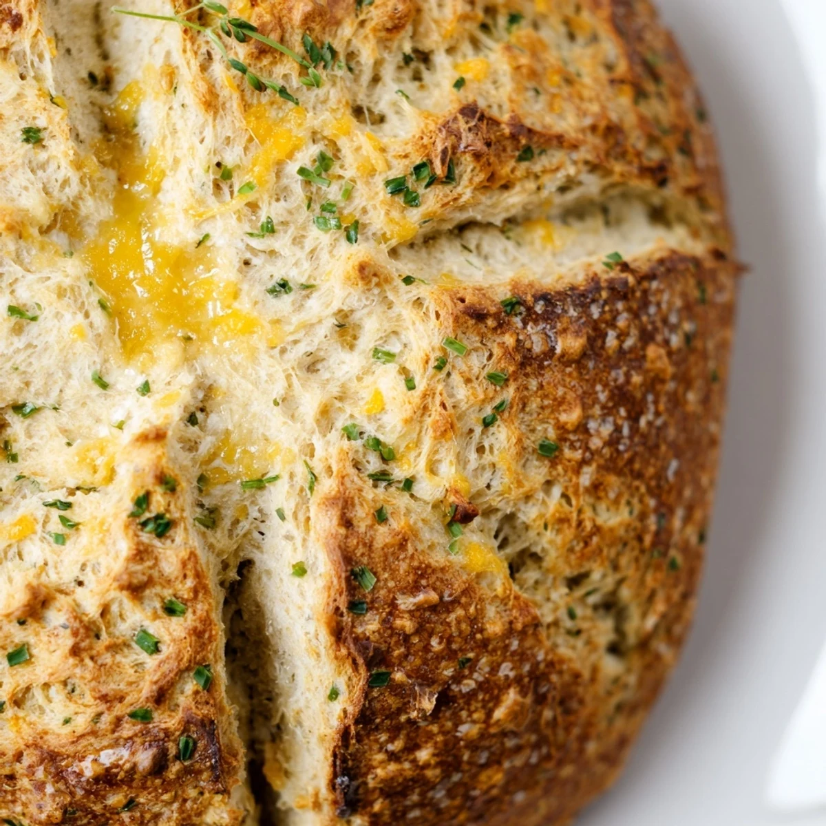 Warm slice of rustic Cheddar and Herb Soda Bread topped with melting butter