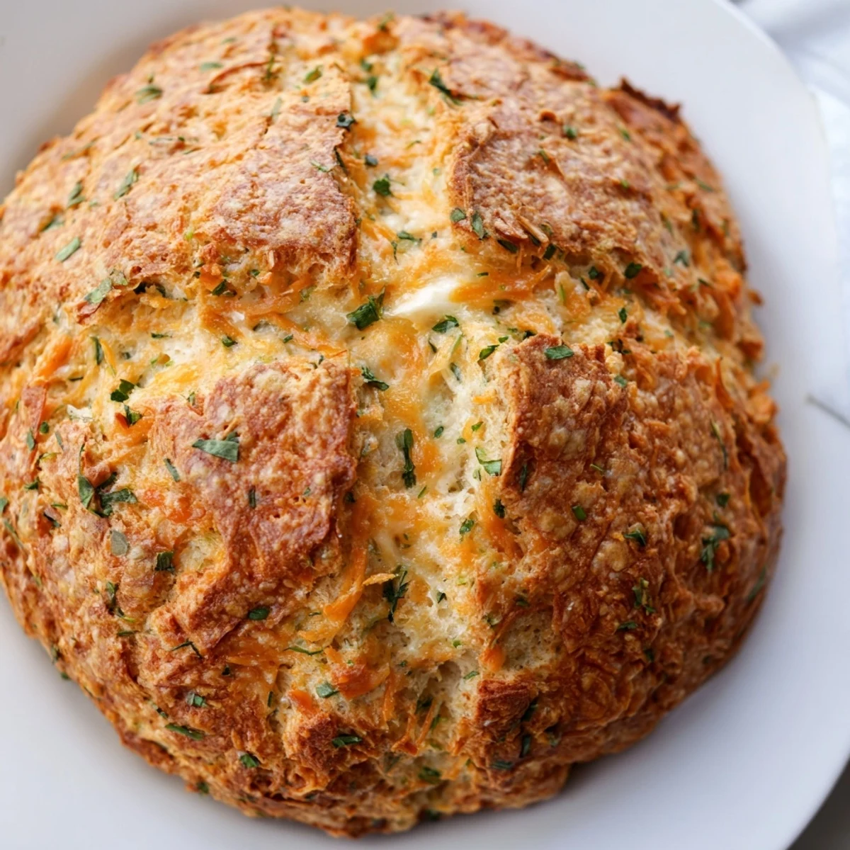 Golden brown Cheddar and Herb Soda Bread loaf scored with a deep cross on top