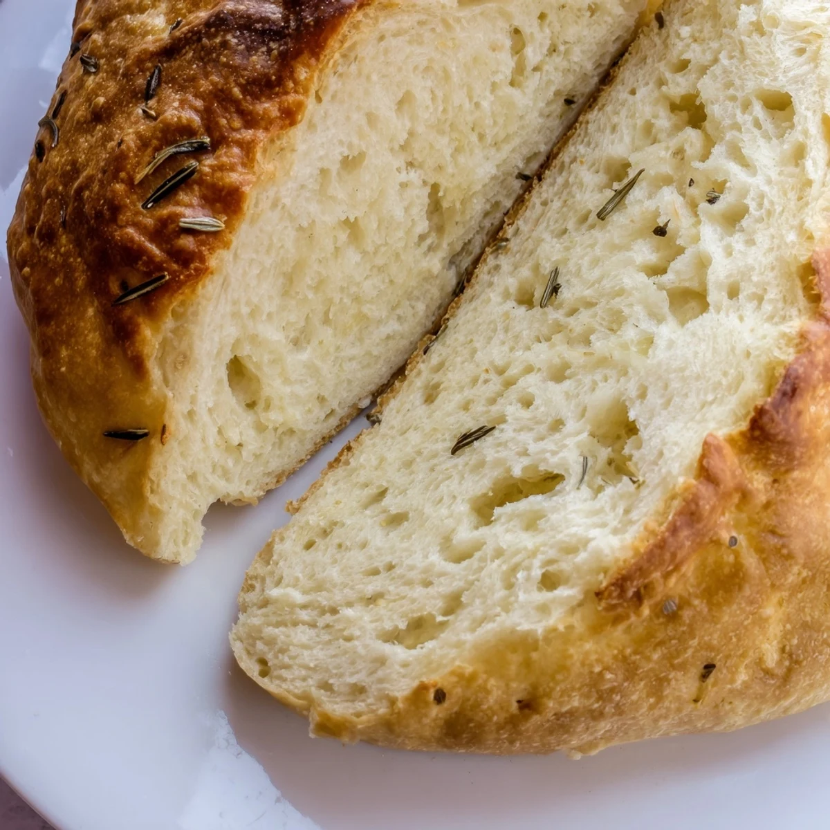 Golden crust Dutch oven garlic rosemary bread with soft interior, garnished with fresh herbs