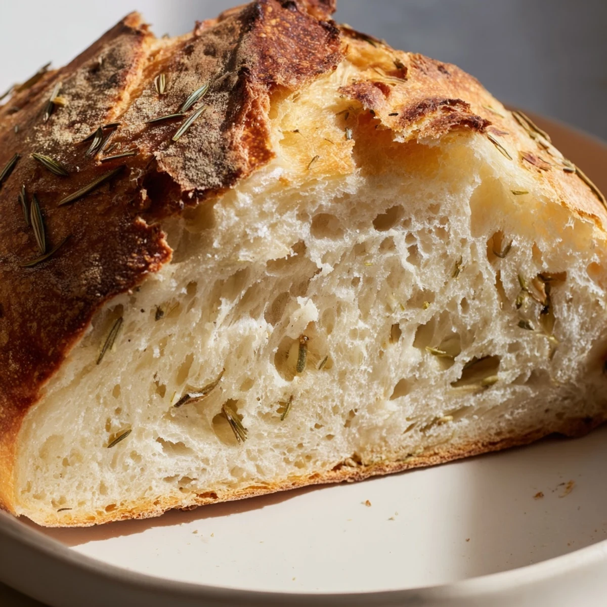 Sliced loaf of garlic rosemary bread showing fluffy texture and crisp baked crust