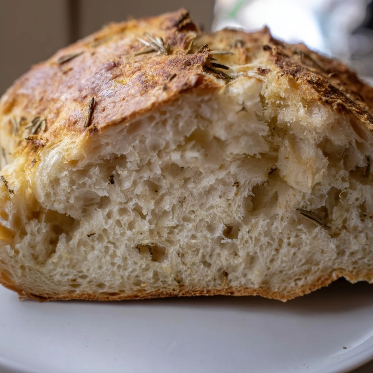 Rustic artisan bread baked in Dutch oven featuring aromatic rosemary and golden garlic flecks