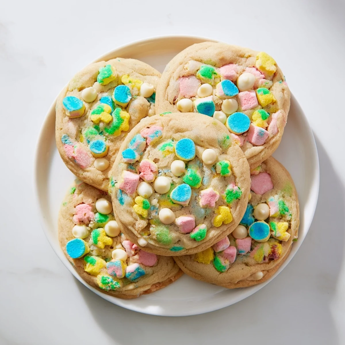 Soft Lucky Charms cookies studded with colorful marshmallows on a wire cooling rack