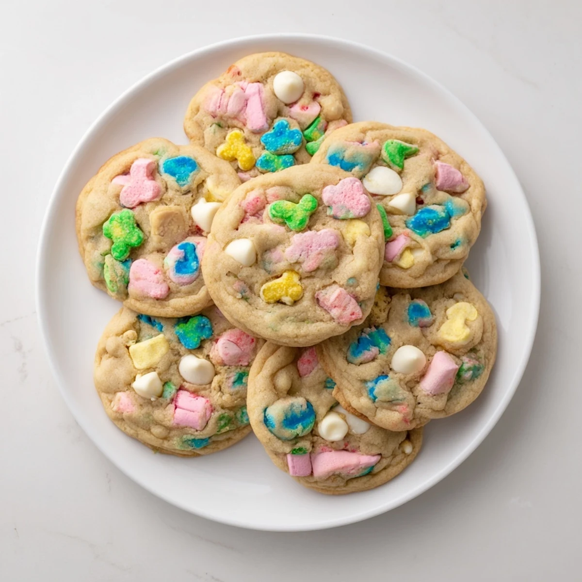 Batch of chewy Lucky Charms cookies with colorful marshmallow bits fresh from the oven