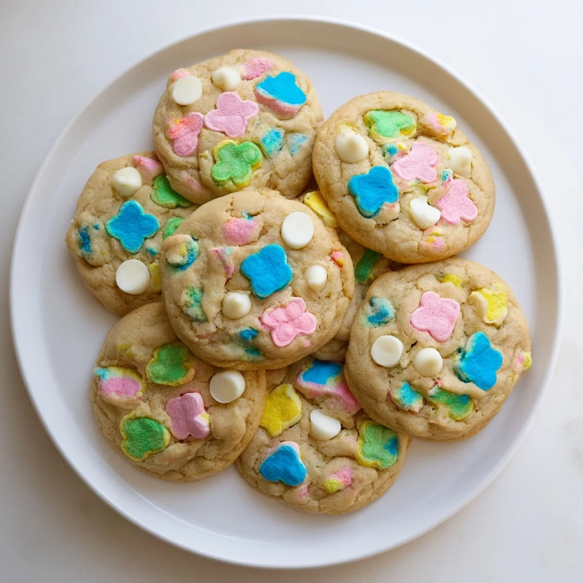 Golden Lucky Charms cookies topped with vibrant rainbow marshmallows and white chocolate chips