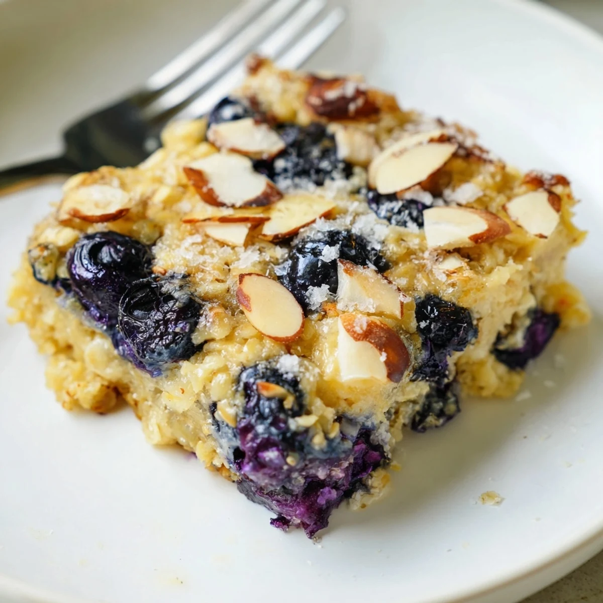 Sliced warm blueberry cottage cheese breakfast bake showcasing creamy texture and sweet fruit throughout