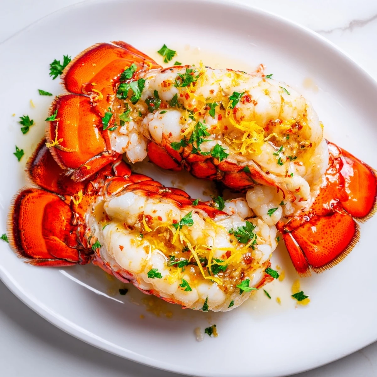 Golden baked garlic butter lobster tails glistening with rich herb sauce on a white plate